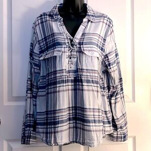 SO 🌲 BLUE/PURPLE PLAID COTTON BLEND LONG SLEEVE LACE-UP TUNIC TOP Women’s XXL